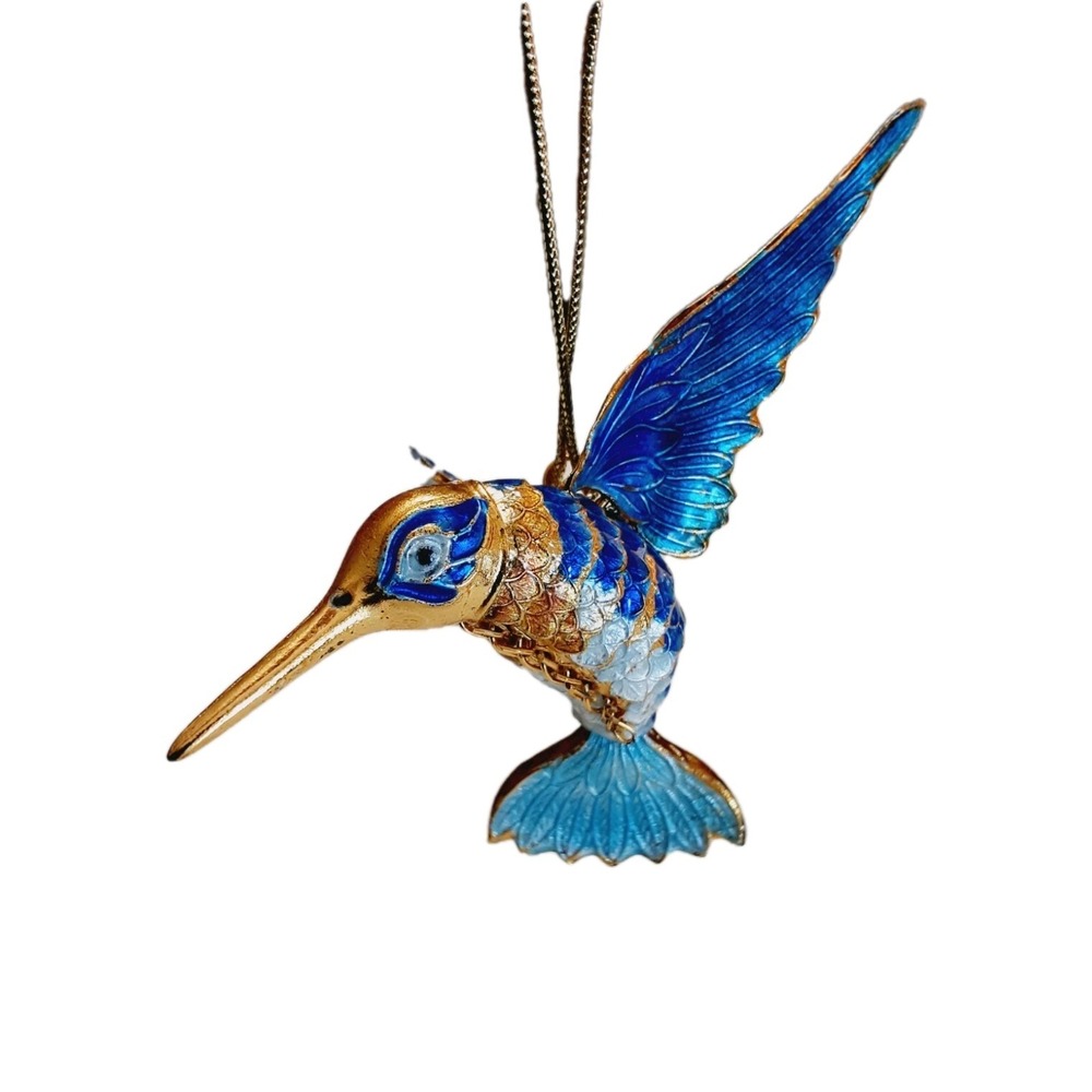 Hummingbird Ornament Articulated Enamel Cloisonne Blue Gold Multicolor 3.5"